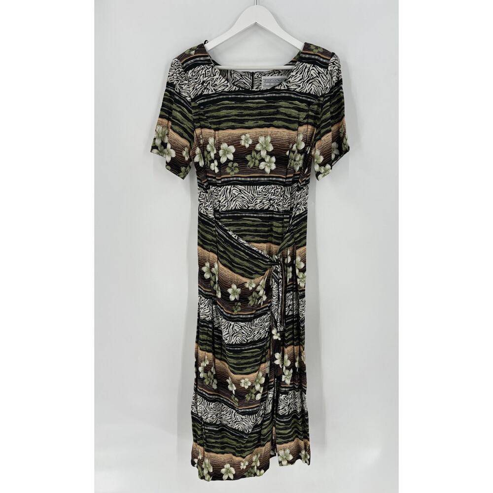 Jessica Howard Vintage Dress Womens 14 Green White Striped Tropical Tie Front